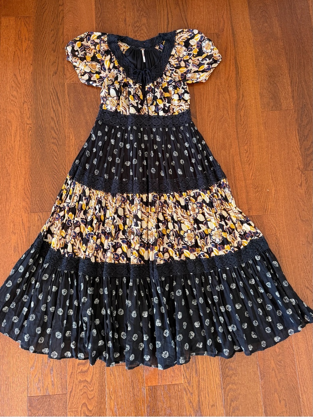 Free People Sun Chaser Midi Dress Boho Patchwork Tiered Dress size XS